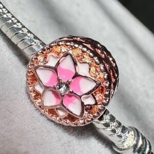 Pink Flower with Gold Trim Bead Charm fits PANDORA